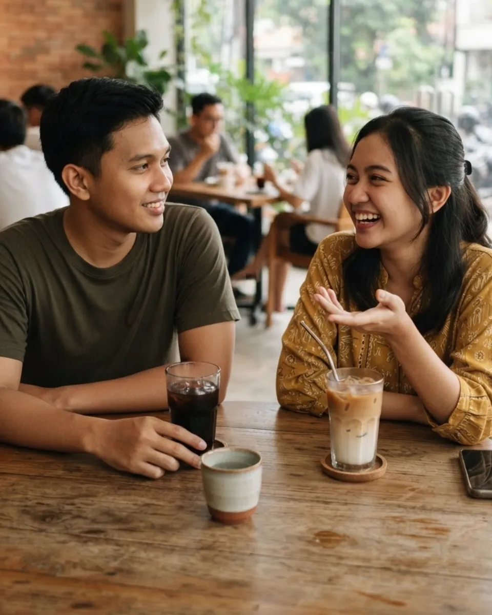 Dua orang berbincang hangat di sebuah kafe