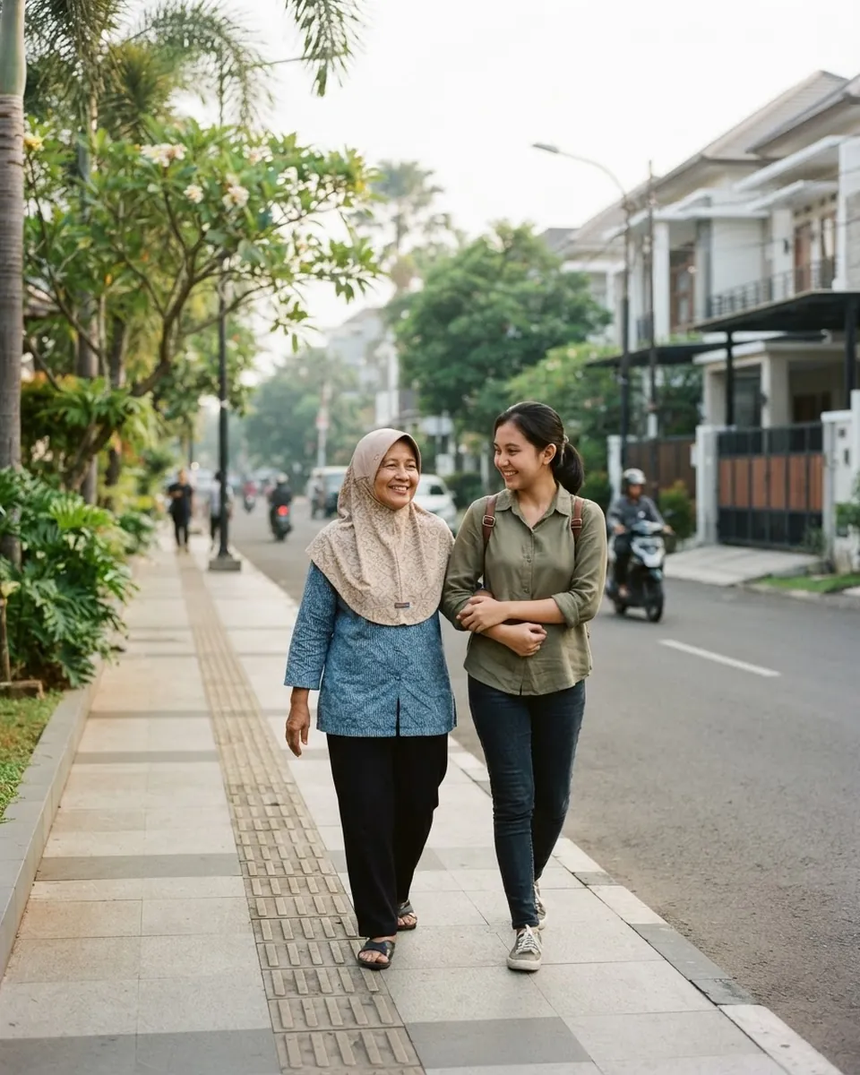 Pendamping muda menggandeng seorang ibu berhijab berjalan di jalan perumahan